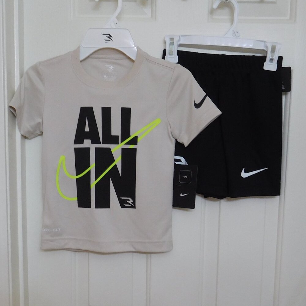 NWT 2pc Nike 3 Brand Beige All In Shirt & Black Print Shorts Set sz 4 6 or 7